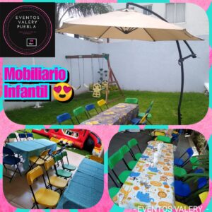 Mesa infantil /mantel /8 sillitas /1 sombrilla