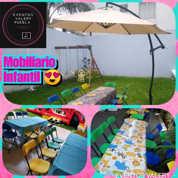 Mesa infantil /mantel /8 sillitas /1 sombrilla